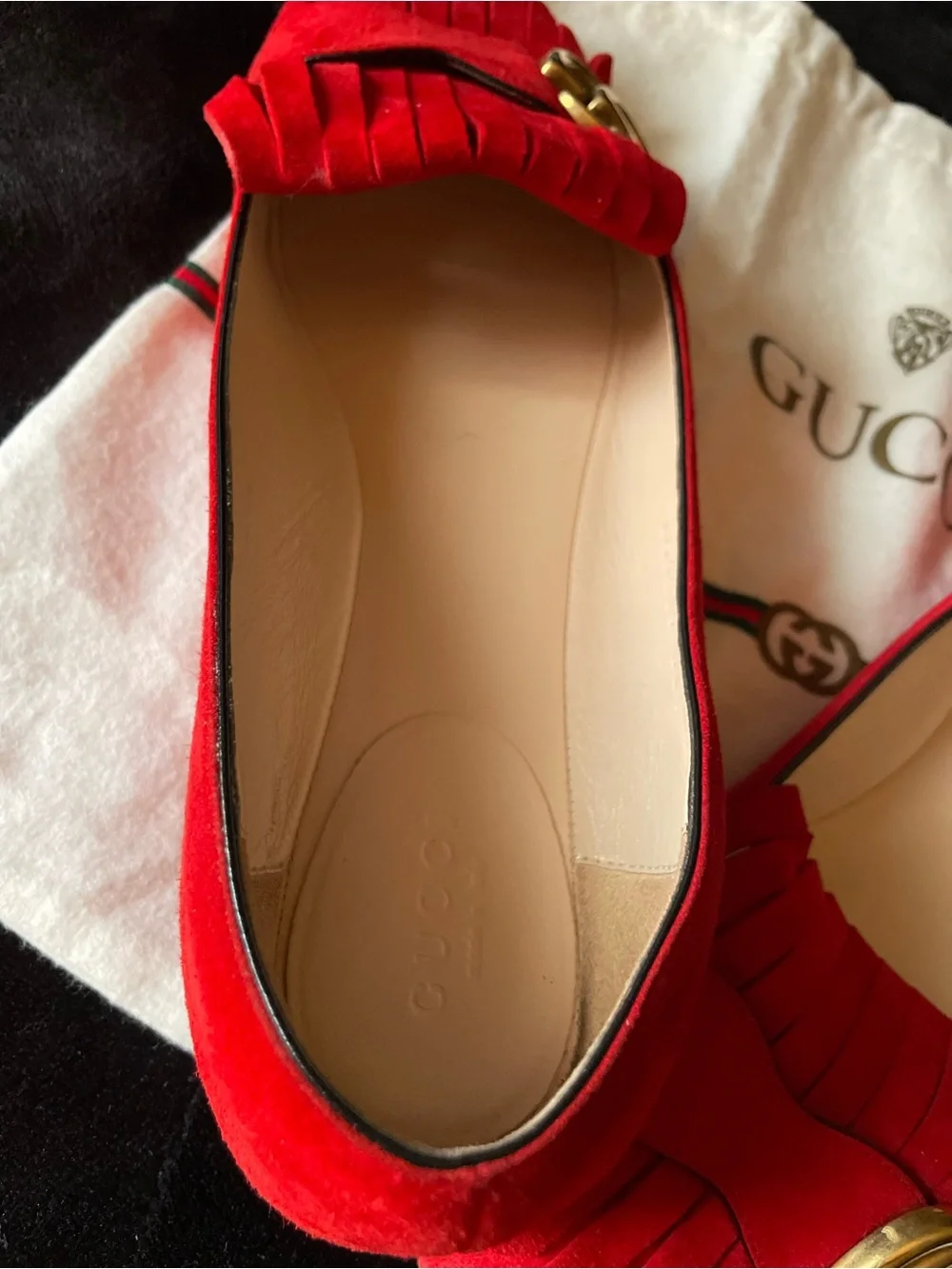 Authentic Gucci Red Suede Fringe GG Loafers for Women